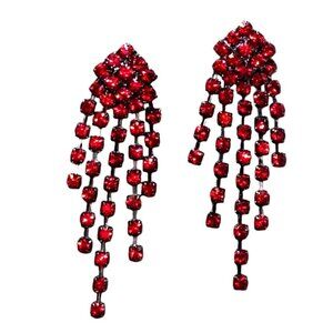 VTG Red Fringe Statement chandelier Earrings 1950s Old Hollywood Glamour Jewelry
